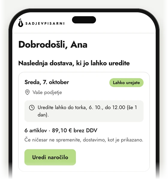 Domov v portalu Sadjevpisarni na telefonu: naslednja dostava, rok za urejanje do 12.00 in gumb Uredi naročilo