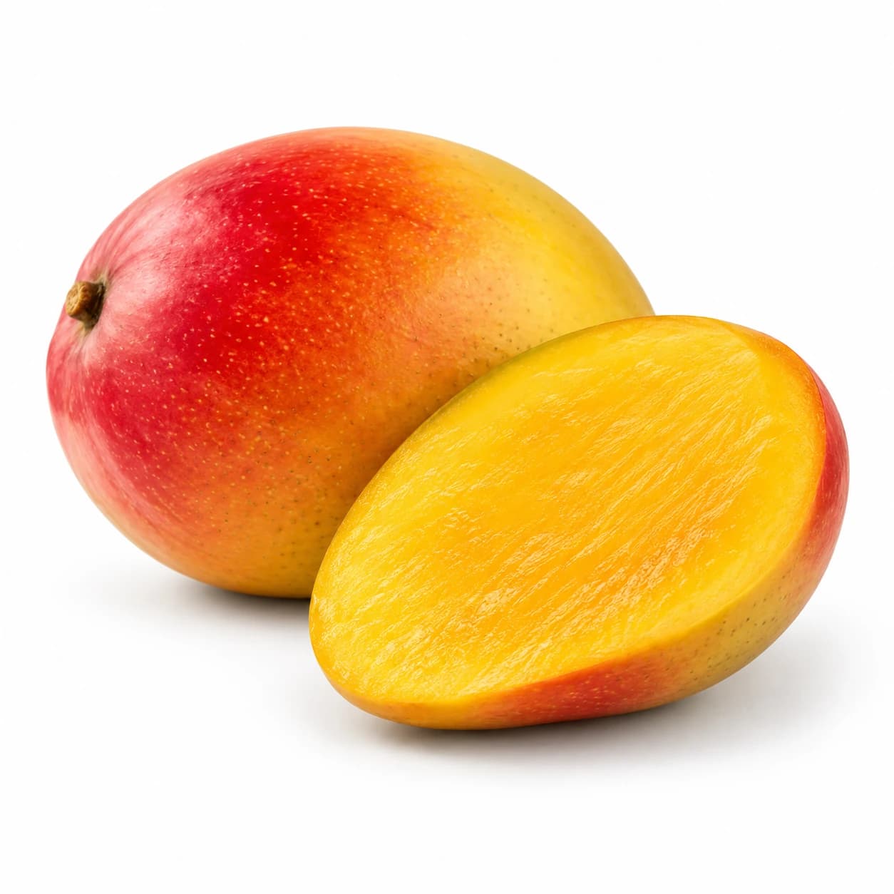 Cel mango z rdeče rumeno lupino in odrezana polovica z rumeno oranžnim mesom.