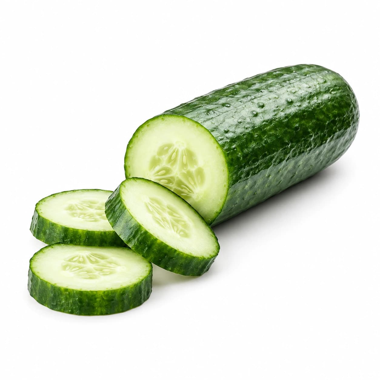 Temno zelena kumara s prerezanim koncem in tri rezine s svetlo zelenim mesom.